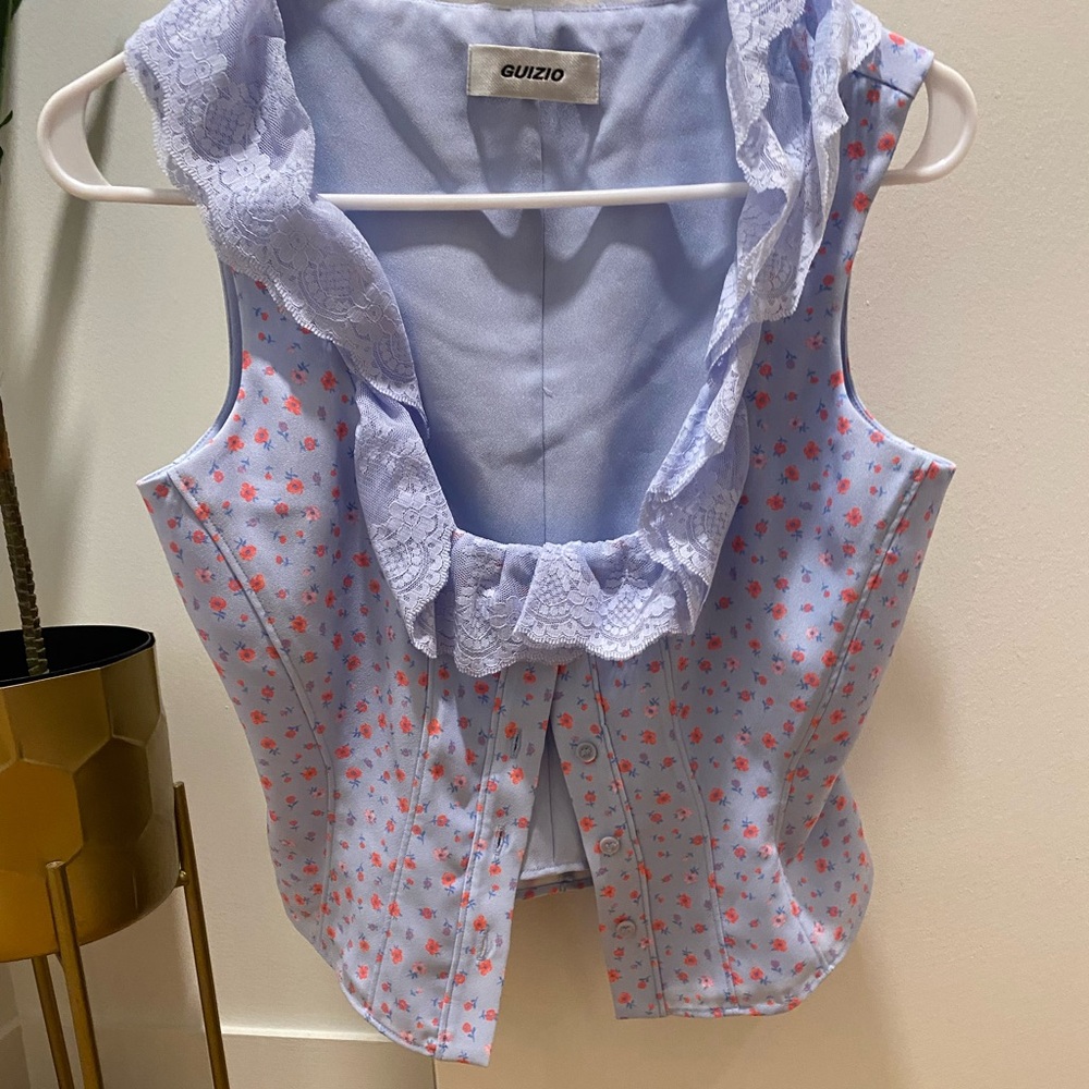 Danielle Guizio Blue Floral Lace Trim Top